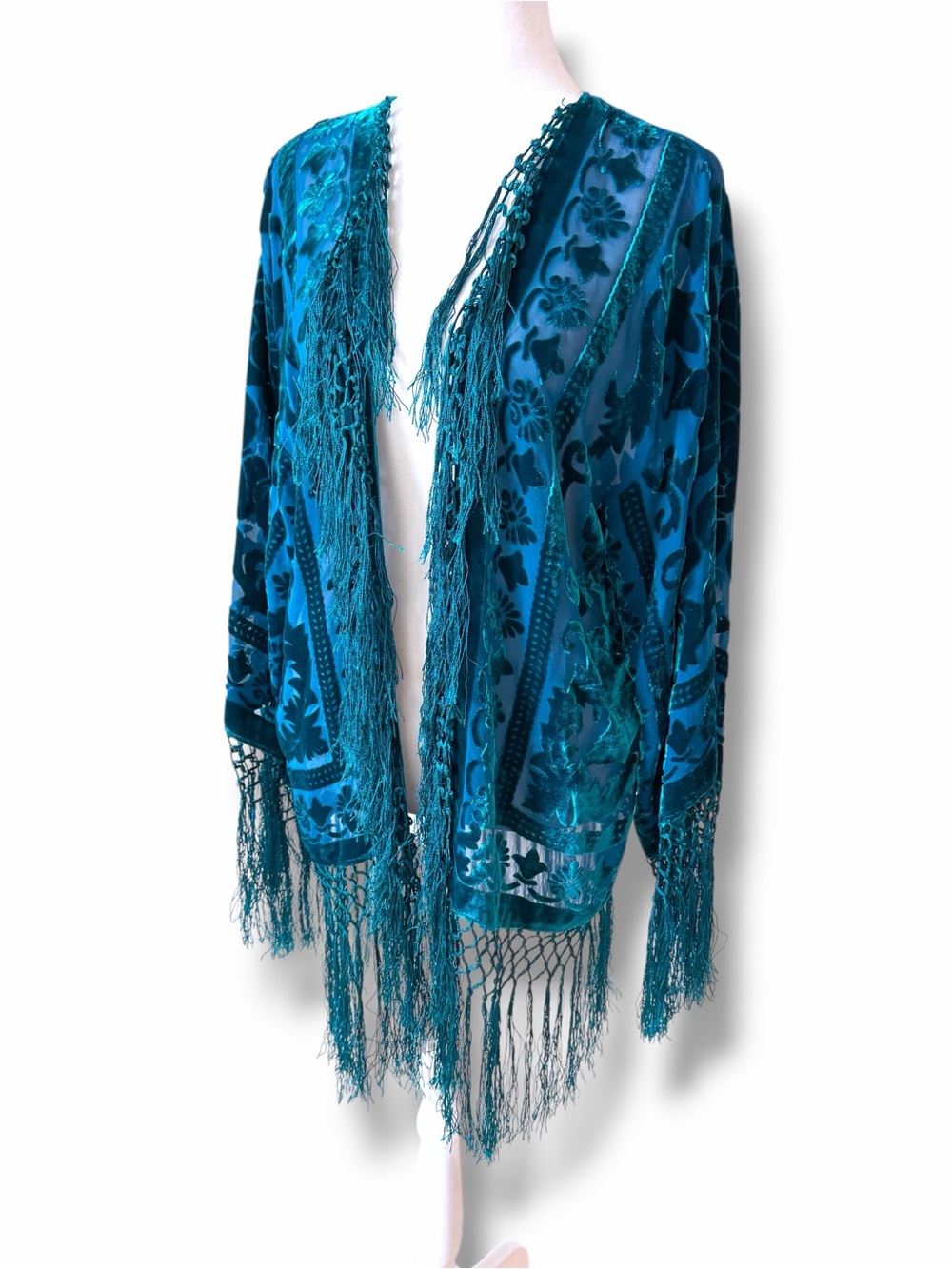 Maya Boutique Turquoise Teal Silk Burnout Velvet Kimono MSRP $400 - Picture 4 of 16